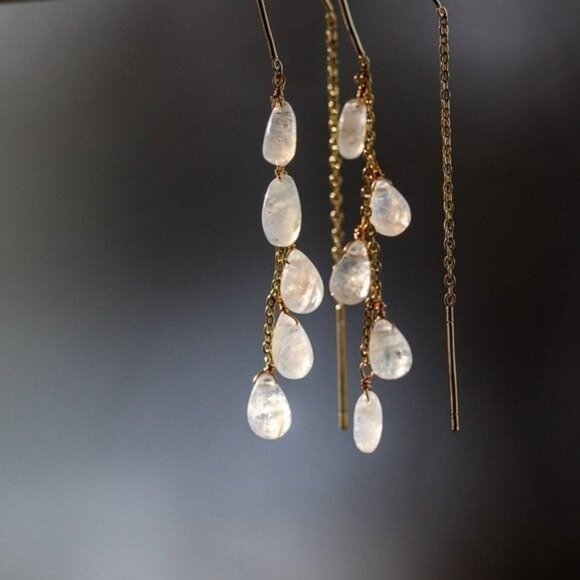 Lovely Rainbow Moonstone Threader Earrings Gemstone Dangle Earring June Birthday - Picture 8 of 12